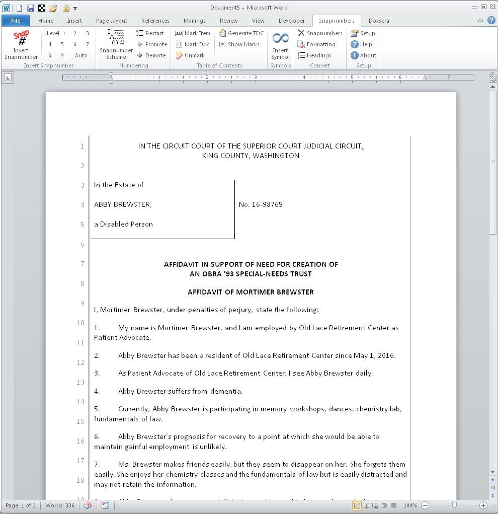 Abby After Snapnumbers document automation toolbar in Microsoft Word