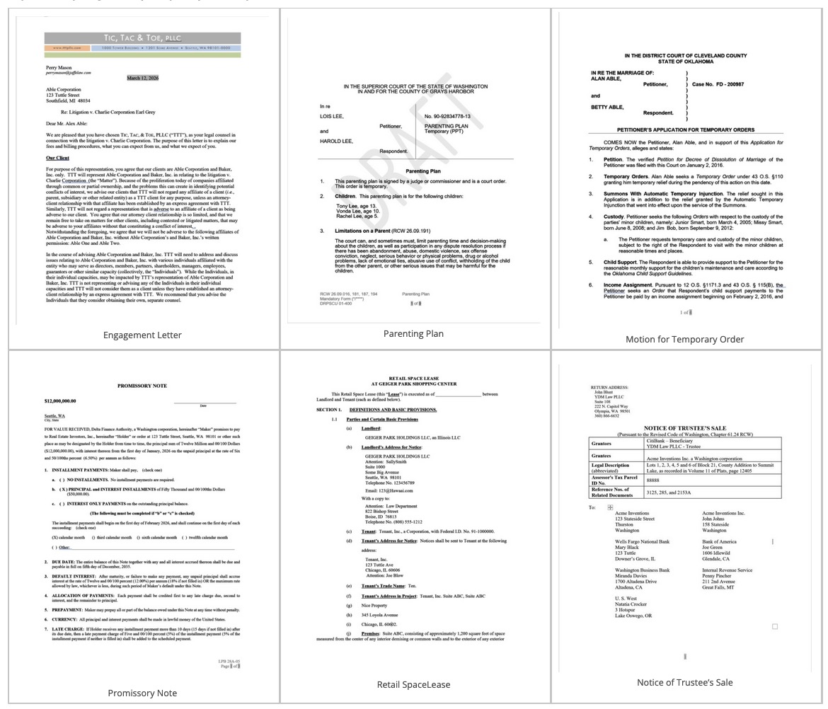 Examples of six types of legal forms created with Doxserá