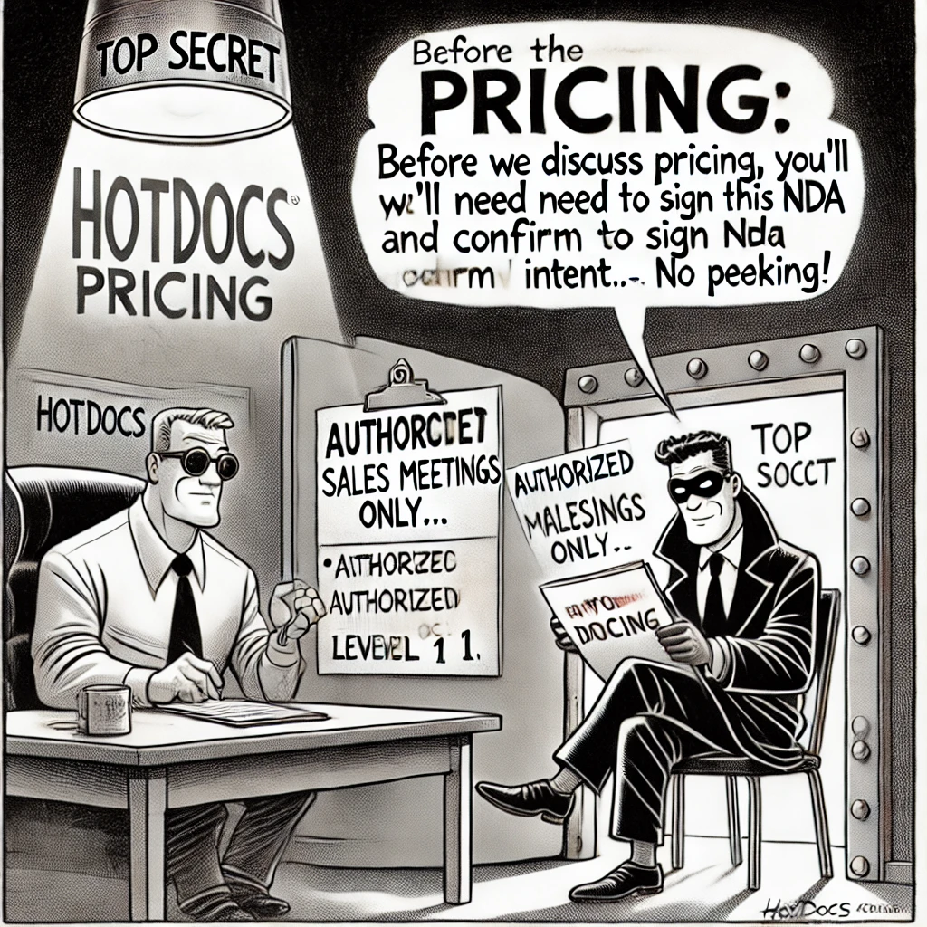 A-black-and-white-newspaper-style-cartoon-poking-fun-at-software-company-HotDocs-secretive-pricing-policy-The-cartoon-is-divided-into-four-panels-.webp